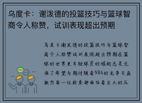 乌度卡：谢泼德的投篮技巧与篮球智商令人称赞，试训表现超出预期