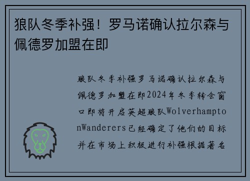 狼队冬季补强！罗马诺确认拉尔森与佩德罗加盟在即