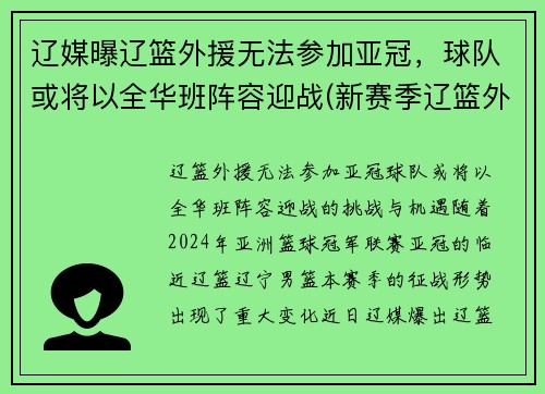 辽媒曝辽篮外援无法参加亚冠，球队或将以全华班阵容迎战(新赛季辽篮外援引入人选)