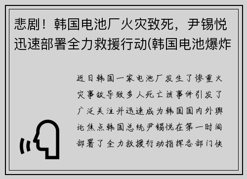 悲剧！韩国电池厂火灾致死，尹锡悦迅速部署全力救援行动(韩国电池爆炸)