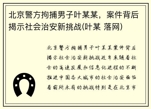 北京警方拘捕男子叶某某，案件背后揭示社会治安新挑战(叶某 落网)